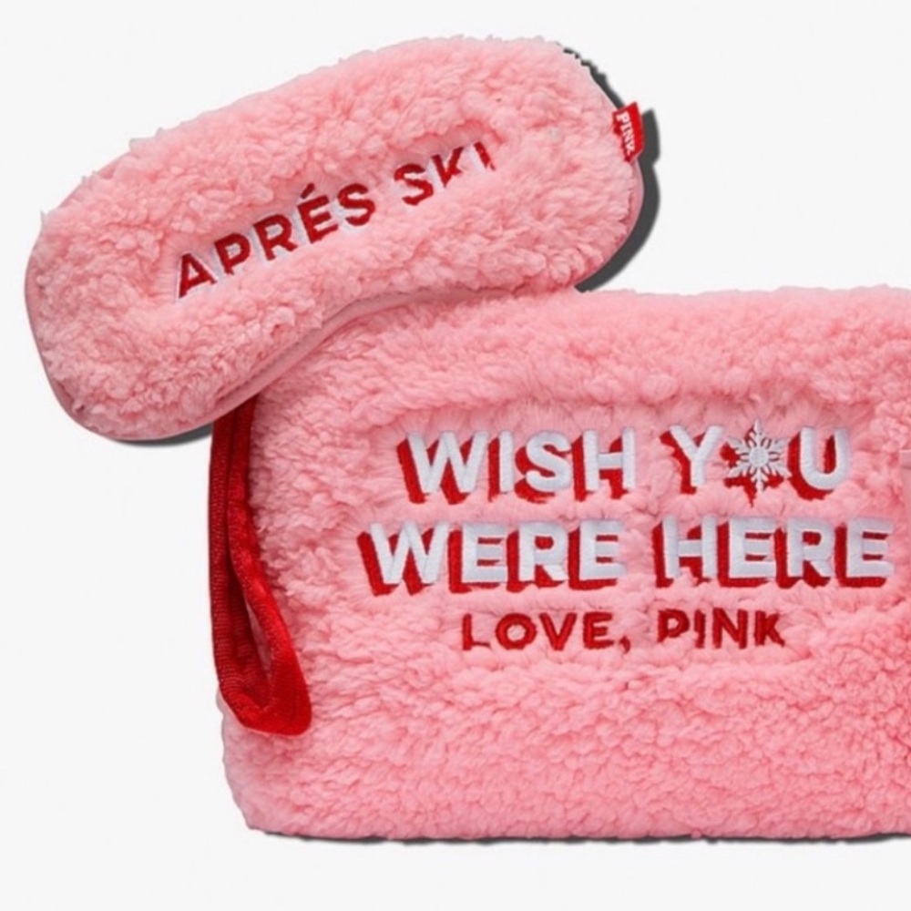 VS PINK Fuzzy Pink Sherpa Makeup Bag and Eye Mask